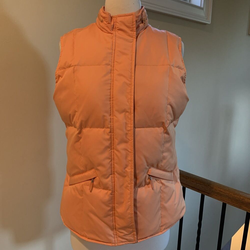 Talbots Quilted Puffer Vest Womens Sz S Orange Hooded Goose Down Filled Full Zip